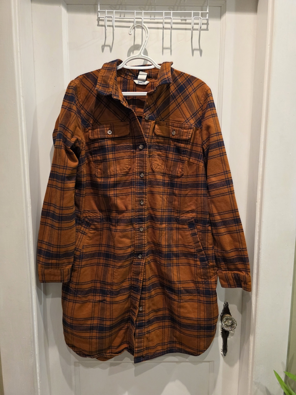 Duluth Trading Co Orange and Navy Plaid Long Flannel Shirt Dress
